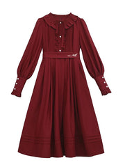 Wine Red Bishop Sleeves Vintage Dress Ruffle Neckline