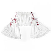 White Ruffle Design Red Lace-up Strap Bell Long Sleeves Blouse