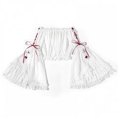 White Ruffle Design Red Lace-up Strap Bell Long Sleeves Blouse