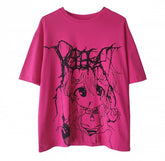 Rose Red/White Round Neck Graphic T-shirt