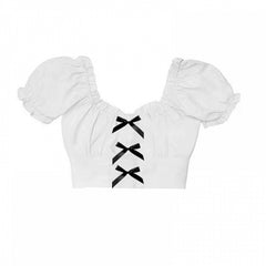 White Puff Sleeves Cropped Top with Black Bowknots
