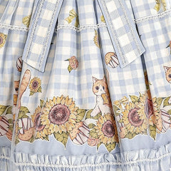 Sweet Kitty and Sunflowers Print Blue Plaid Pattern Lolita Dress