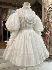 White Leg-of-Mutton Sleeves Vintage Lace Blouse and White Skirt Short Version Set