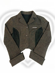 Notched Collar Colorblock Design Denim Cropped Blazer