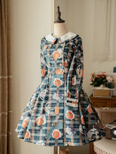 Persimmon Orange Cat Green Plaid Pattern Kitty Print Long Sleeves Lolita OP