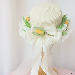 White Handmade Tulip Design Lace Bowknot Details Straw Hat/Bag