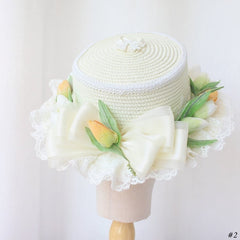 White Handmade Tulip Design Lace Bowknot Details Straw Hat/Bag