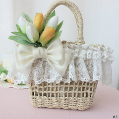 White Handmade Tulip Design Lace Bowknot Details Straw Hat/Bag