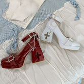 Wings Design Wine Red/Light Blue Ankle Straps Cross Hollow-out Heels