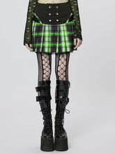Punk Pleated Skirt Plaid Pattern Black and Green
