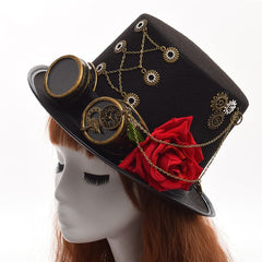 Steampunk Gears Chain Decorated Black Hat with Rose Design