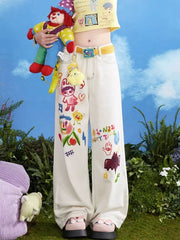 White Wide Leg Jeans with Colorful Cartoon Print