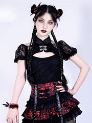 God's Salvation Buckled Open Shoulders Black Lace Gothic Top
