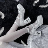 Silver-tone Studs Iron Chain Demon Cross Decorative White Lolita Shoes