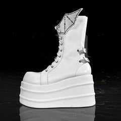 White Goth Platform Boots White Bat Wings Design Lace-up Tie