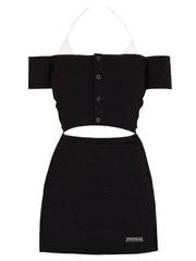 Clearance-Size S for Bust 67CM Black Off-the-shoulder Cutout Waist Halter Dress