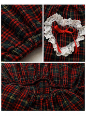 Lace Trim Sweethearts Bowknots Decorated Flounce Hem Wine Red Plaid Skirt
