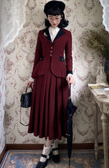 Plus Size Friendly-Wine Red Pleating Details Blazer + Skirt Vintage Set