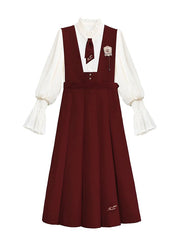 Red Box Pleat Skirt Overalls with Letters Embroidery