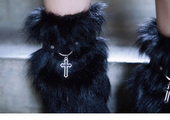 Handmade Metal Cross Decorated Black PU Strap Design Short Version Black Plush Leg Warmers