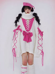 White Turtle Neck Sweater with Barbie Pink Bowknot