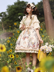 Thumbelina Floral Print Embroidery Bowknot Overall Skirt