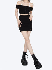 Clearance-Size S for Bust 67CM Black Off-the-shoulder Cutout Waist Halter Dress