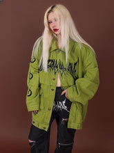 Letters and Crescent Moons Embroidery Pink/Green Denim Jacket