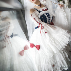 White Ruffle Design Red Lace-up Strap Bell Long Sleeves Blouse