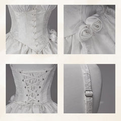 White Boned Corset Top with Underwire Cups Rosettes Brooch