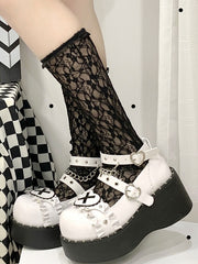 Sweetheart Sanctuary Heart-shaped Buckle Straps Chain Decorated PU White Lolita Platforms
