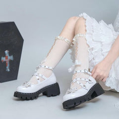 Dark Wings Silver-tone Studs Heart-shaped Buckle Wings Design PU Polished White Platforms