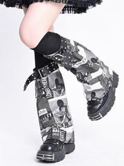 Punk Newspaper Print Design Light Grey Leg Warmers