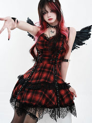 Red Plaid Pattern Sweetheart Neckline Slip Dress