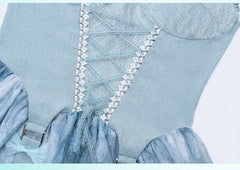 Lace-up Detail Ruffle Trim Blue Slip Dress High-low Skirt