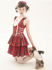 Lace Trim Lace-up Detail Red Plaid Dress Tiered Skirt