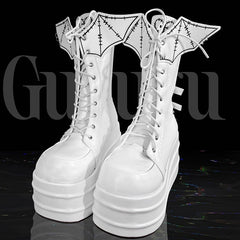 White Goth Platform Boots White Bat Wings Design Lace-up Tie