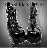 Skeleton Party Skull Silver-tone Studs Buckle Straps PU Polished Black Platform Martens