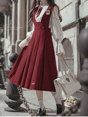 Red Box Pleat Skirt Overalls with Letters Embroidery
