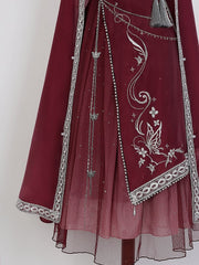 Wine Red Midi Dress Butterfly Embroidery and Chain