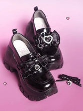 Clearance - Size 36 for Foot Length 23cm Jirai Kei Detachable Bow at Top Polished Black Chunky Heels Slip-on Platforms