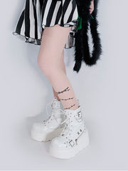 White Platform Ankle Boots Silver-toned Grommet Studs Buckle Straps Martens