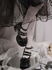 Wordless Poetry Buckle Straps PU Polished Black High Block Heel Lolita Shoes