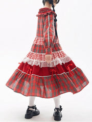 Peter Pan Collar Bowknot Details Patchwork Design Flounce Hem Red Plaid Dress