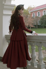 Plus Size Friendly-Wine Red Pleating Details Blazer + Skirt Vintage Set