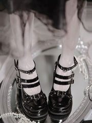 Wordless Poetry Buckle Straps PU Polished Black High Block Heel Lolita Shoes
