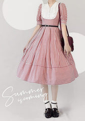 Three Colors Banded Collar Striped Pattern Short Sleeves One Piece