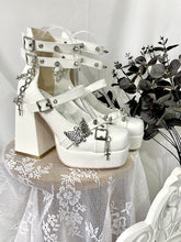Metal Butterfly Decorated White Mary Jane Shoes High Block Heel Chain Design