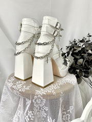 Metal Butterfly Decorated White Mary Jane Shoes High Block Heel Chain Design