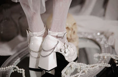 Wordless Poetry Buckle Straps PU Polished White High Block Heel Lolita Shoes